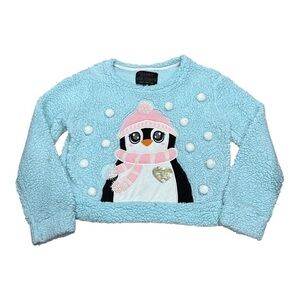 Happy Holidays Urban Heritage Sweater Womens Large Blue Sherpa Penguin Pom Pom